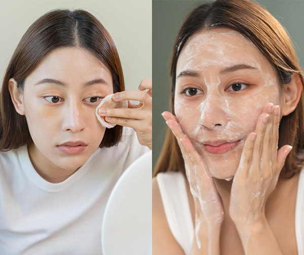 Làm sạch da bằng tẩy trang và sữa rửa mặt giúp loại bỏ bụi bẩn tích tụ trong lỗ chân lông